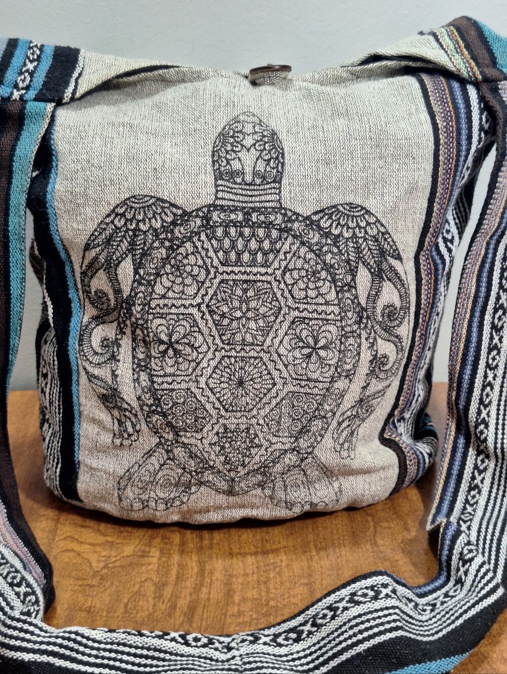 Handmade Cotton Sea Turtle Hobo Crossbody Sling Bag Wide Strap Gray Boho Hippie - Picture 11 of 16
